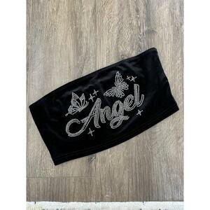 Y2K velvet bandea tube top crystal "Angel" rave festival butterfly black M sexy